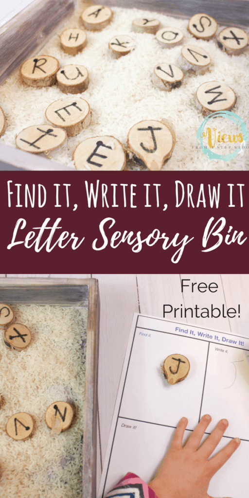 Plain rice and wooden rounds give this alphabet sensory a natural and minimalist feel. Free printable find it, write it, draw it mats for learning and fun. #sensoryplay
