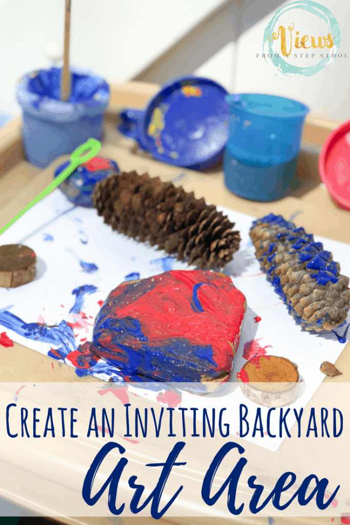 How to setup a backyard art space, and suggestions for simple ways to create outdoors. Art that is easy and accessible, and inspired by nature. #backyardart #outdoorart #backyardfun #parenting #homeschooling #kidsart