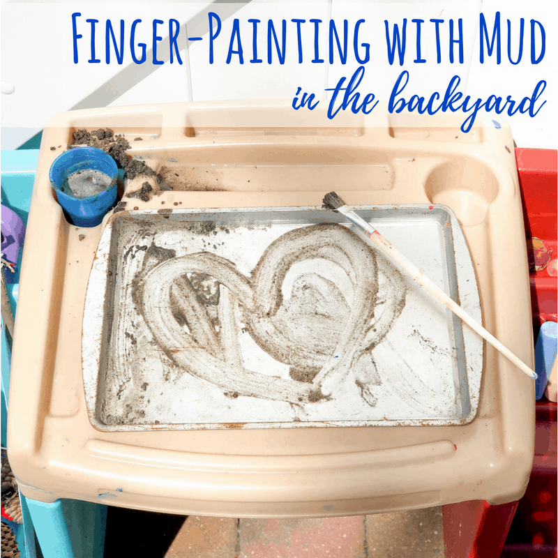 Turn mud into finger paint with this activity that works on pre-writing and fine motor skills. #backyardart #outdoorart #backyardfun #parenting #homeschooling #kidsart