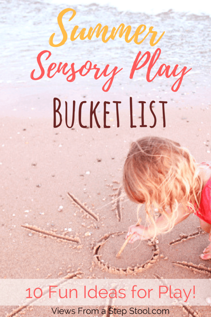 This is a summer bucket list of 10 ways to engage in sensory play this summer. Have you wanted to test out a slime recipe? Heard of oobleck? Give it a go! #summerbucketlist #sensoryplay #kidsactivities #summerideas #homemadesensoryplay