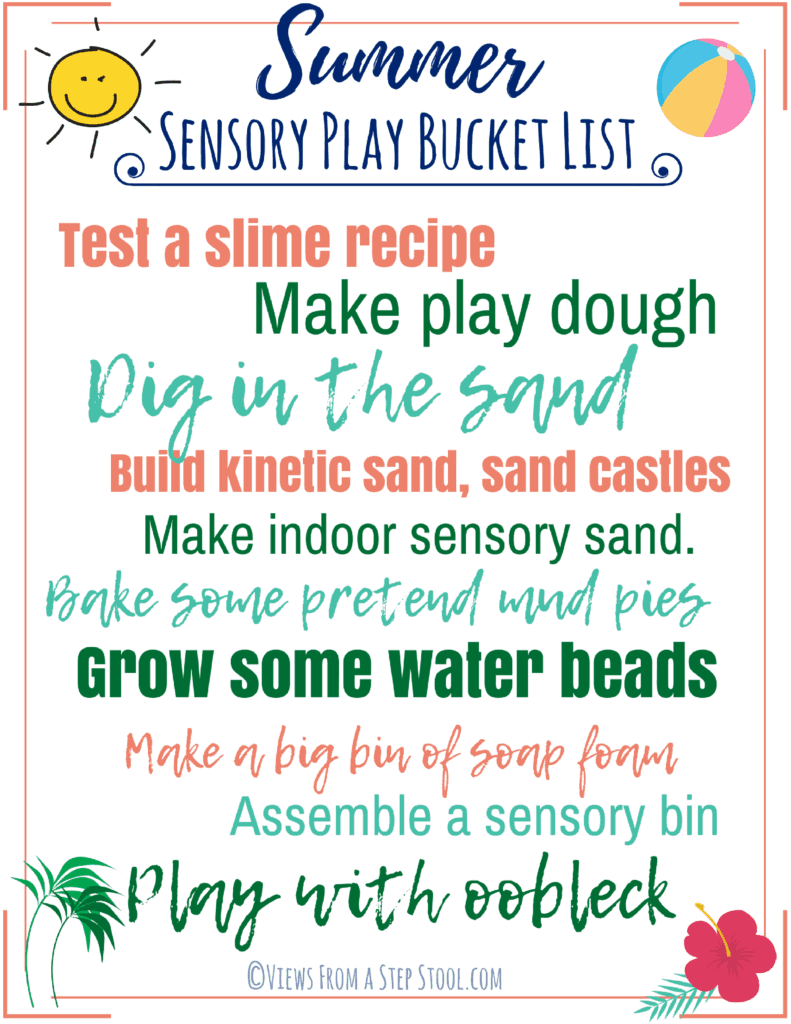 This is a summer bucket list of 10 ways to engage in sensory play this summer. Have you wanted to test out a slime recipe? Heard of oobleck? Give it a go! #summerbucketlist #sensoryplay #kidsactivities #summerideas #homemadesensoryplay