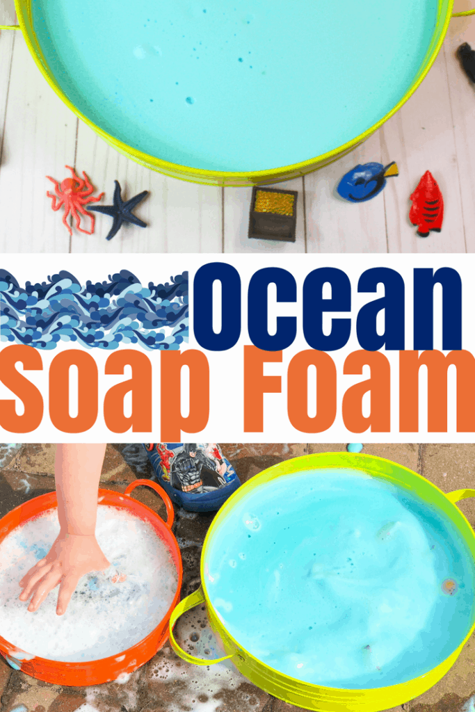 This soap foam recipe mixes soap and water with cornstarch to create foam that has a great texture. Color it blue and add sea animals for an ocean theme! #sensoryplay #sensorybin #oceanactivities #kidsactivities #preschoolactivities