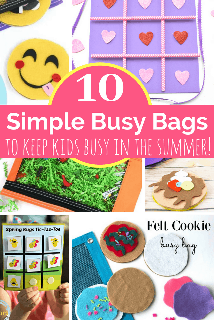 10 awesome busy bags to make for kids that are both simple to put together and inexpensive to make. Great as boredom busters and unplugged quiet time. #busybags #boredombusters #kidsactivities #simplekidsideas #summeractivities