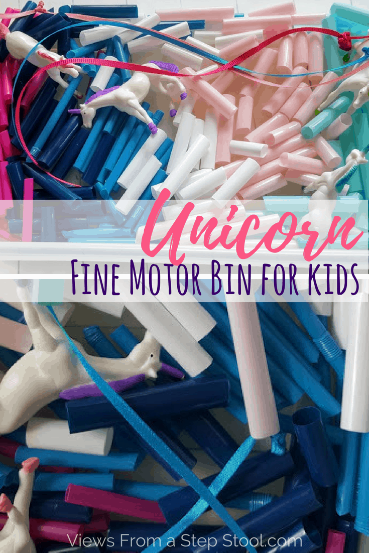 This unicorn sensory bin uses cut up straws as a base. Perfect for fine motor bead stringing and scissor practice for kids.