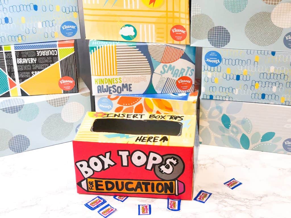 This upcycled Kleenex box serves as the perfect place to collect Box Tops at school. Great as a back to school classroom gift. #kleenexbox #upcycled #boxtops #backtoschool