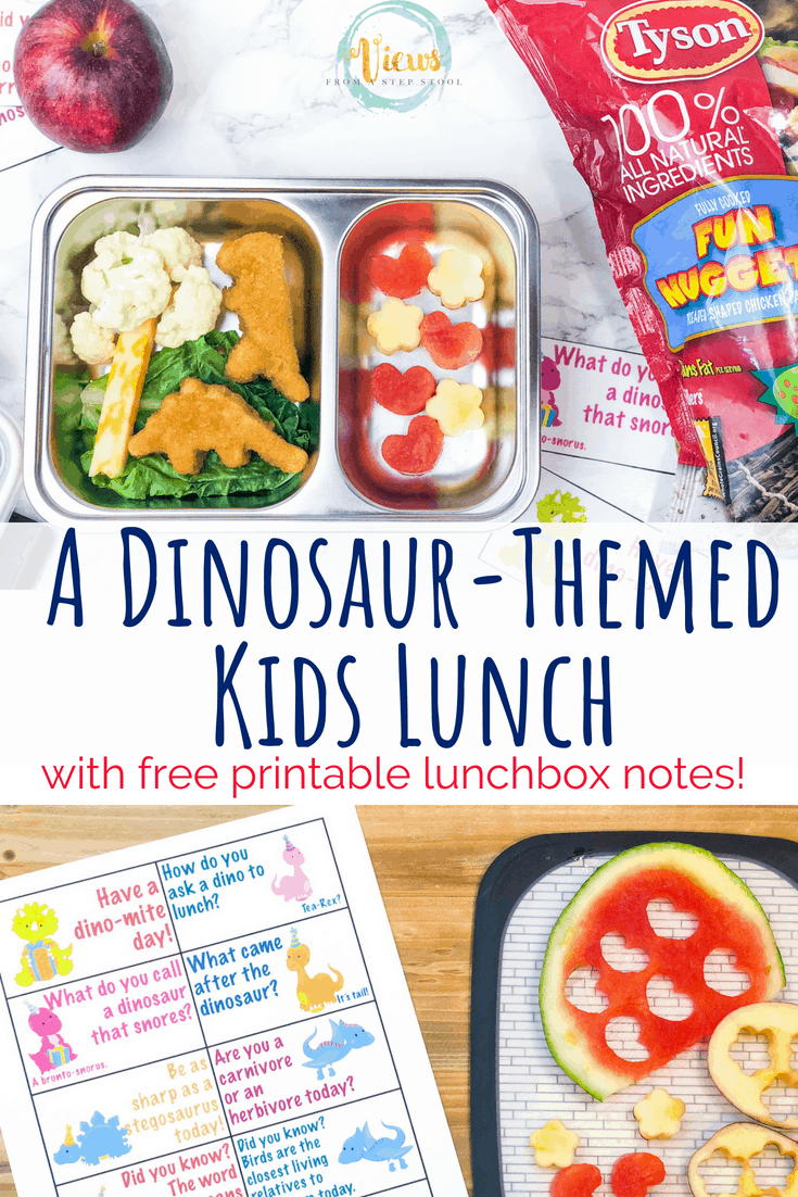 This dinosaur lunch uses dinosaur shaped chicken nuggets and fun fruit and veggies to create a dinosaur themed bento box lunch for school! Also included are free dinosaur lunchbox notes to print. #backtoschool #lunchforkids #bentobox #kidslunch #dinosaur #parenting