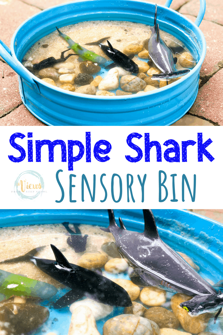 A simple shark sensory bin that uses rocks, sand and water to create a natural water play sensory bin with a shark theme for kids. #sensory #sensorybin #sharkweek #kidsactivities #parenting #preschool #toddlers #1yearolds
