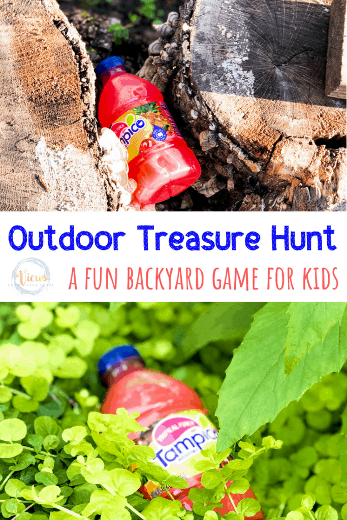 tampico juice bottles hidden outside with text overlay outdoor treasure hunt a fun backyard game for kids