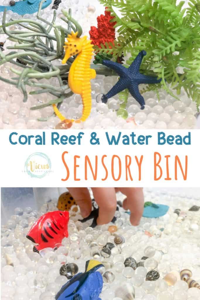 sensory bin with water beads, seahorse and fish and text overlay 'coral reef sensory bin'