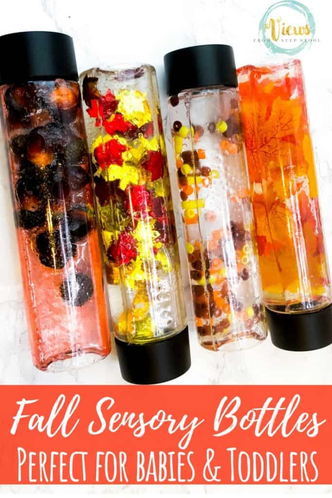 fall sensory bottles containing water and fall objects 
