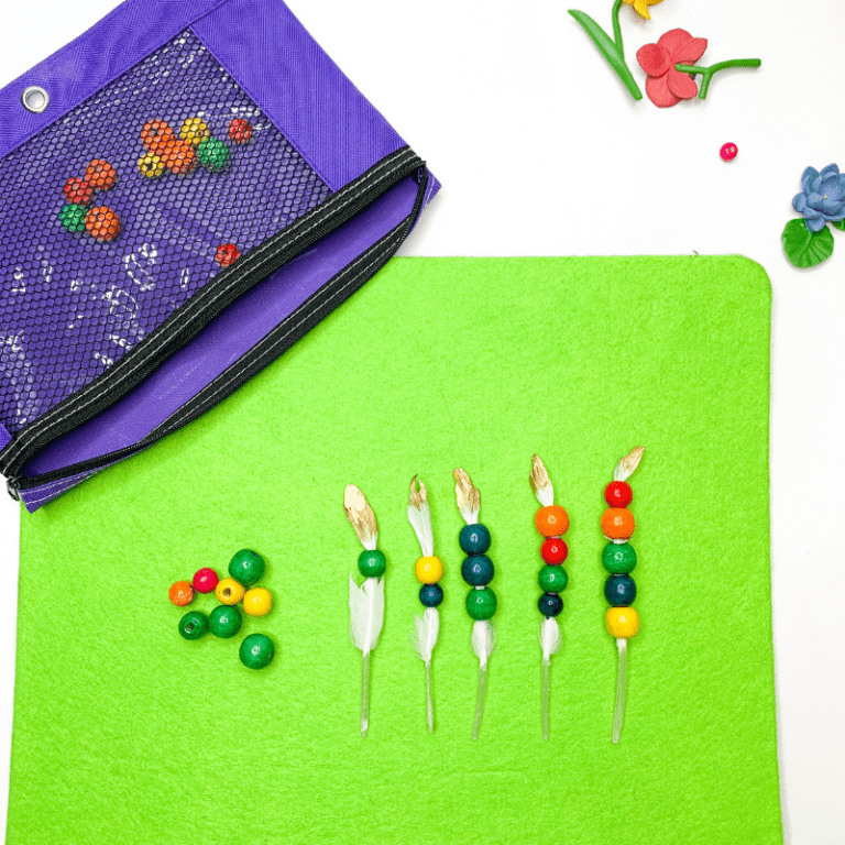 Bead Threading on Feathers Busy Bag Views From a Step Stool