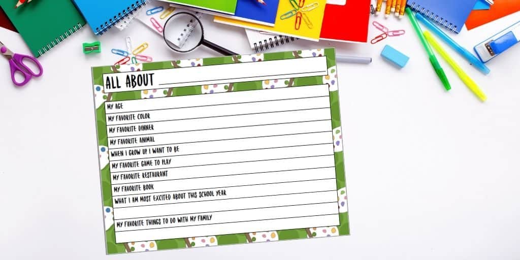 school supplies with an all about me printable