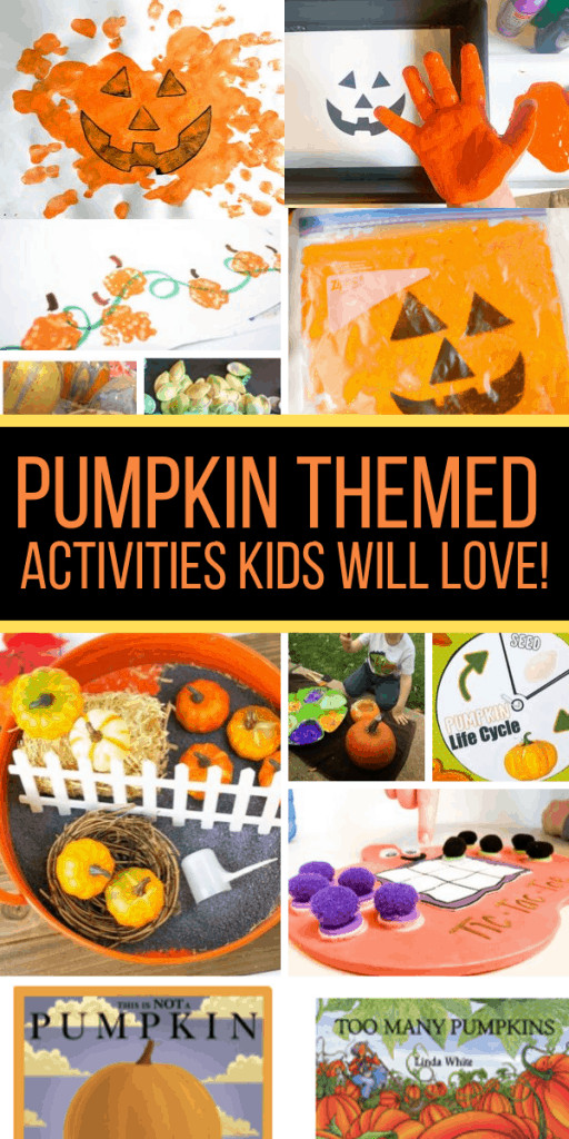 These pumpkin activities for kids include craft ideas, sensory play prompts, printable life cycle materials, and even busy bags for the 5 Little Pumpkins. #pumpkinactivities #pumpkintheme #kidsactivities #preschool #toddlers #kindergarten #parenting #teachers #fallthemeforkids