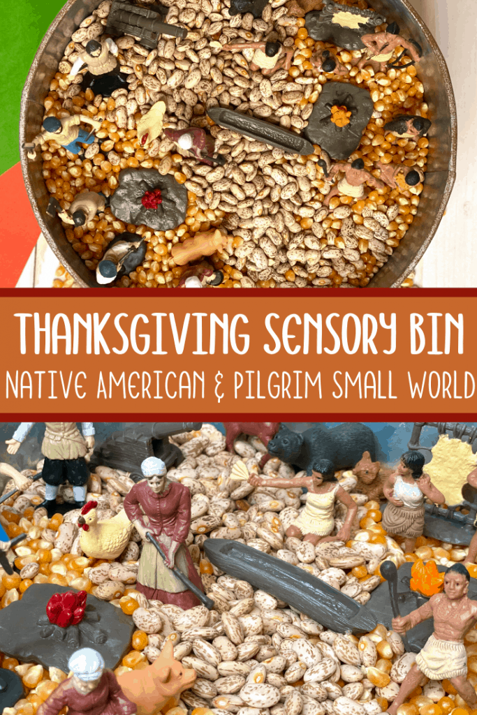 thanksgiving sensory bin with toys and beans and corn