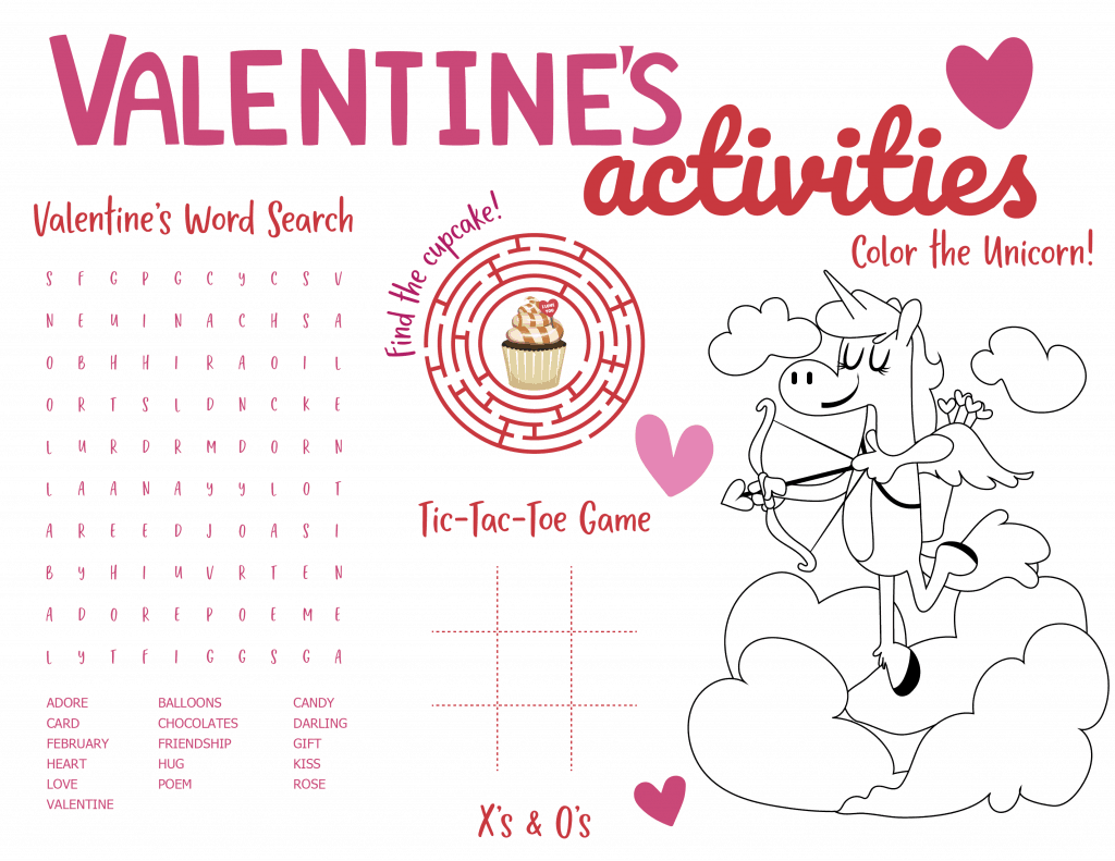 A free printable Valentines Day activity placemat for kids. Great for meal time or school including coloring prompts, a word search and word scramble. #valentinesdayactivities #printablevalentineplacemat #freeprintablesforkids #kidsactivities