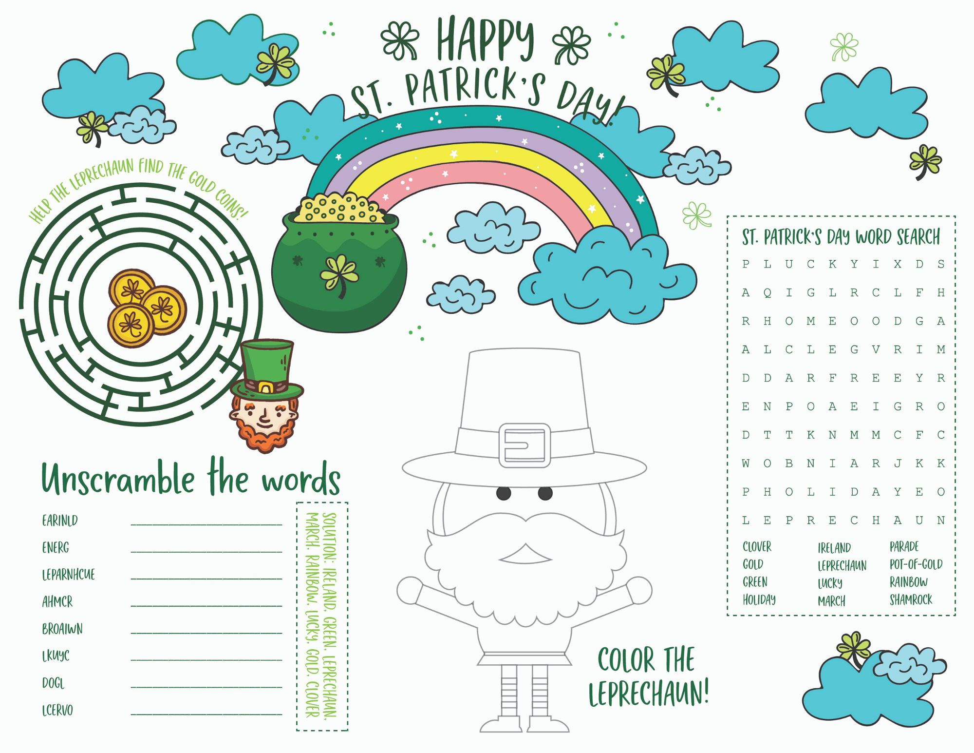 St. Patrick's Day Placemat Printable: Maze, Word Search and More ...