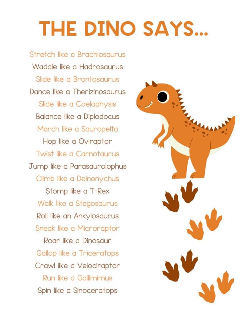 This printable dinosaur game for toddlers  will get kids moving and shaking and practicing some dinosaur terminology. 
