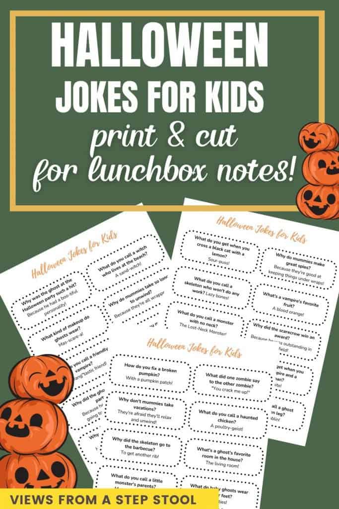 These halloween jokes for kids are sure to be crowd pleasers. Plus, grab the printable version to cut them out and stick in a lunchbox! 