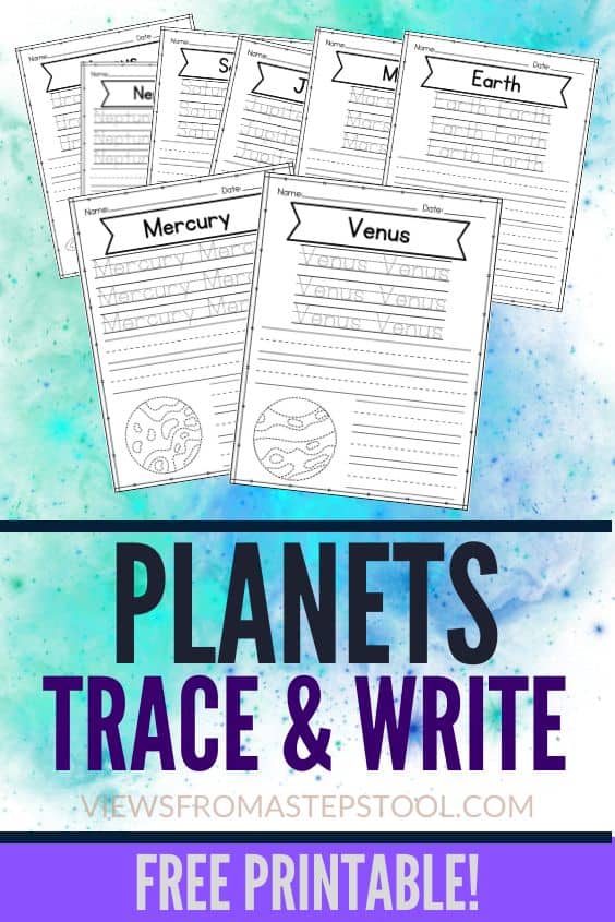 These planets trace and write printables are great for handwriting and spelling  practice for kids who love to learn about space.