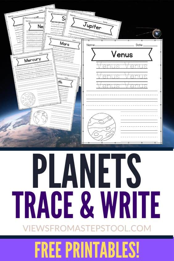 These planets trace and write printables are great for handwriting and spelling  practice for kids who love to learn about space.
