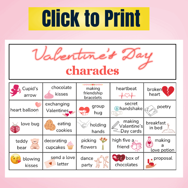 These Valentine's Day charades words are the perfect inspiration to get everyone in the family laughing and moving together. So much family-friendly fun!