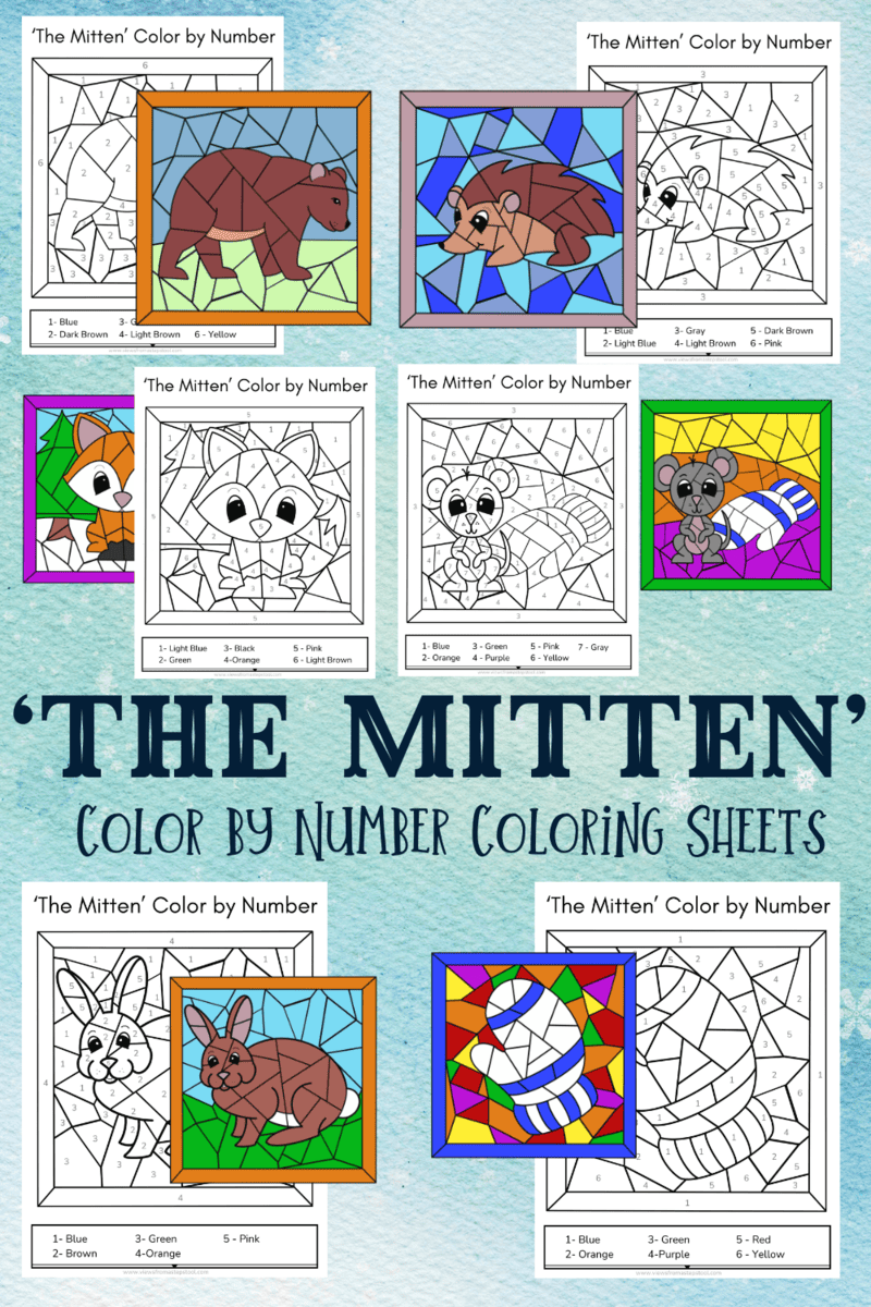 These 'The Mitten' color by number printables include the animals, and the mitten, from the children's book, The Mitten. Get them free here.