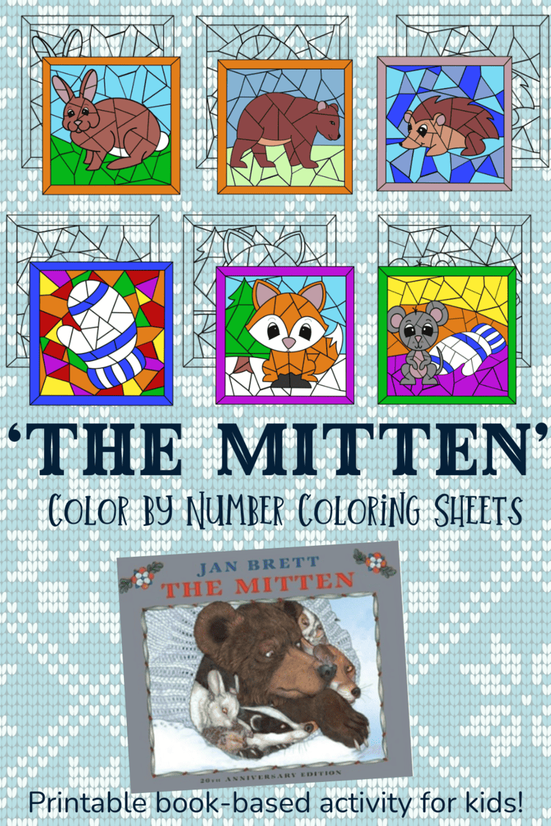 These 'The Mitten' color by number printables include the animals, and the mitten, from the children's book, The Mitten. Get them free here.