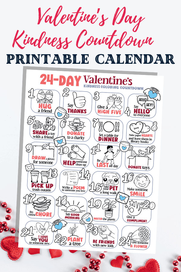 This Valentine's Day kindness countdown calendar is a printable full of prompts for kids to do acts of kindness leading up to Valentine's Day. 