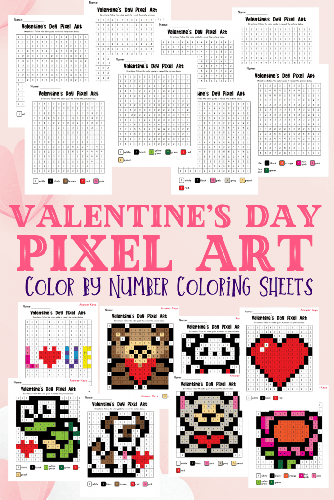 These Valentine's Day pixel art color by number sheets include 8 fun images that kids will love to create. Get them free here. 