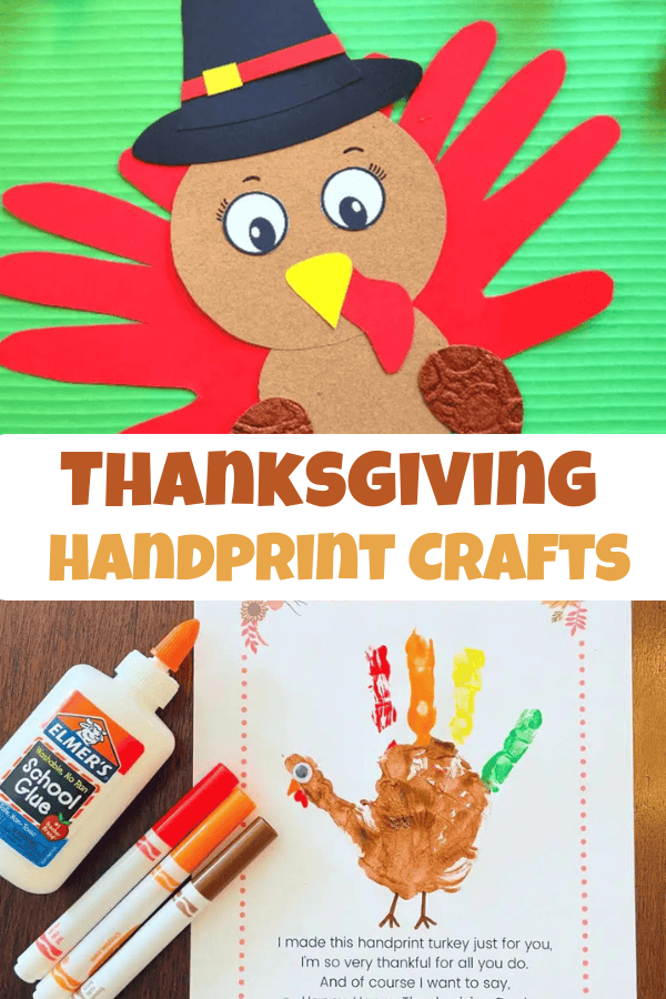 Here are a handful of Thanksgiving handprint crafts to get you inspired! Some use painted handprints, others use paper cutout handprints.